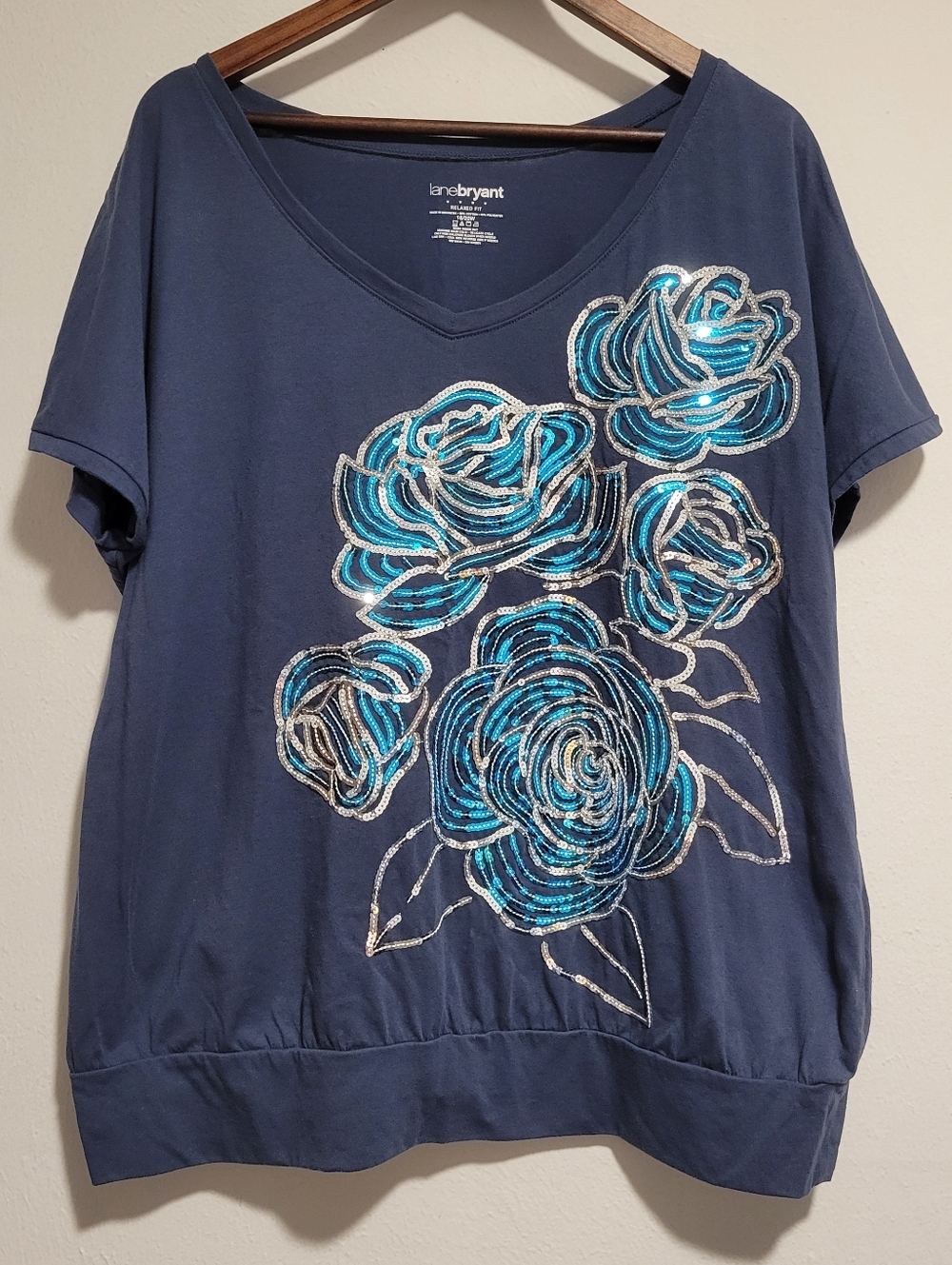 Lane Bryant Navy V-Neck with Teal & Silver Sequin Floral Design, 18/20W